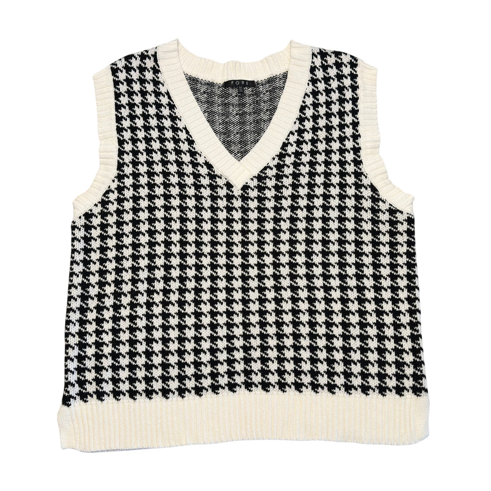 FORE Sweater Vest Womens M Black Ivory Houndstooth VNeck Golf Preppy Academia